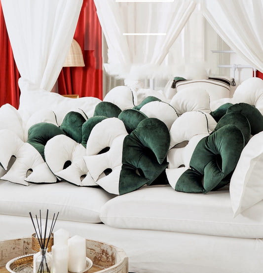 Almohada Lumbar Monstera Blanca - Cojín Decorativo para Sofá y Cama