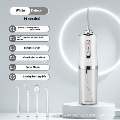 Pink portable electric oral irrigator with clear water tank and four nozzles, highlighting adjustable pressure and pulse mode. - Image 3