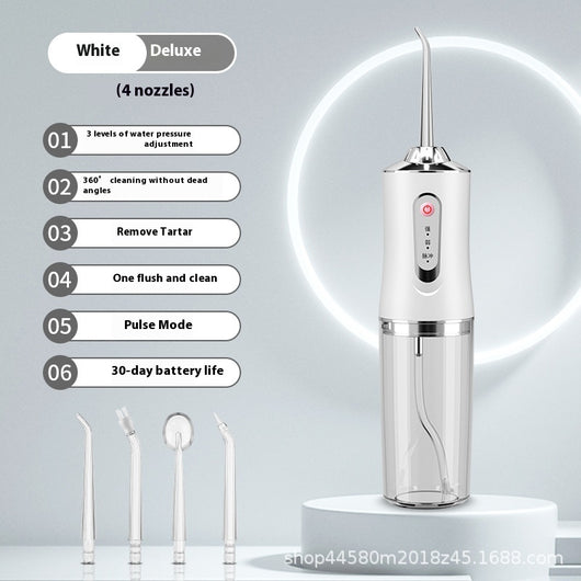 Pink portable electric oral irrigator with clear water tank and four nozzles, highlighting adjustable pressure and pulse mode. - Image 3