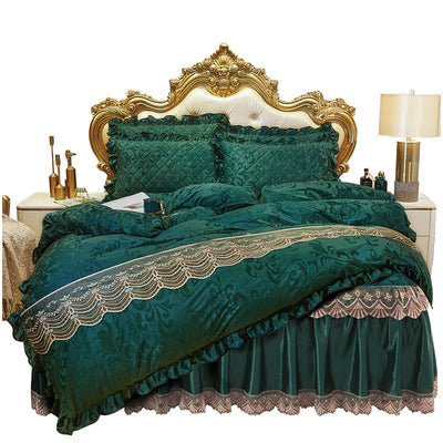 Juego de Cama Acolchado con Volante de Encaje y Terciopelo
