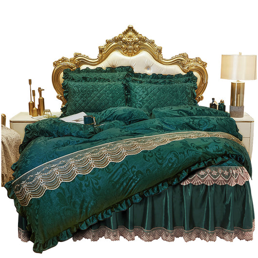 Juego de Cama Acolchado con Volante de Encaje y Terciopelo