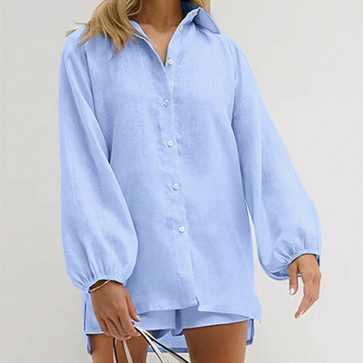 Conjunto Dos Piezas: Camisa Azul de Algodón Manga Larga y Shorts