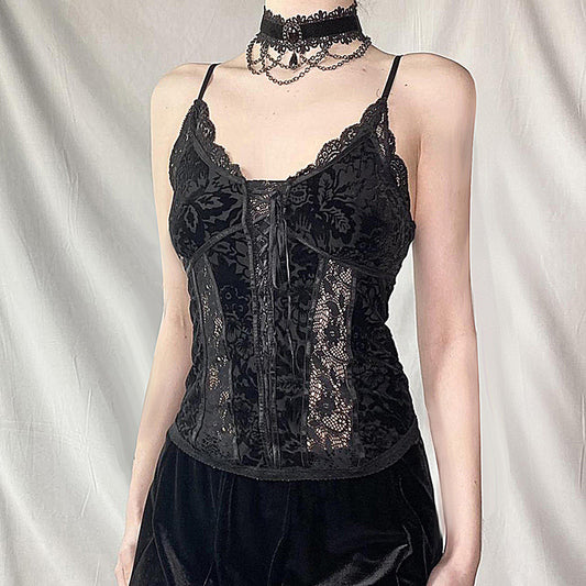 Camisola de Encaje Negra Estilo Vintage Corte