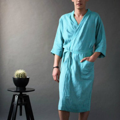 Bata de Lino Larga Unisex de Color Sólido - Pijama Cómodo para Casa - Image 9
