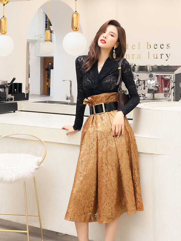 Conjunto de Falda Midi Tejida Elegante - Estilo Occidental para Primavera e Invierno