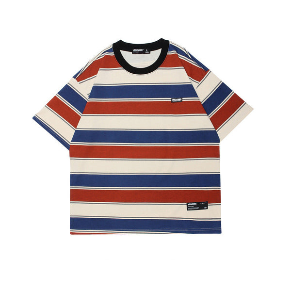 Camiseta Manga Corta Hombre Estilo Japonés a Rayas con Combinación de Colores - Image 3