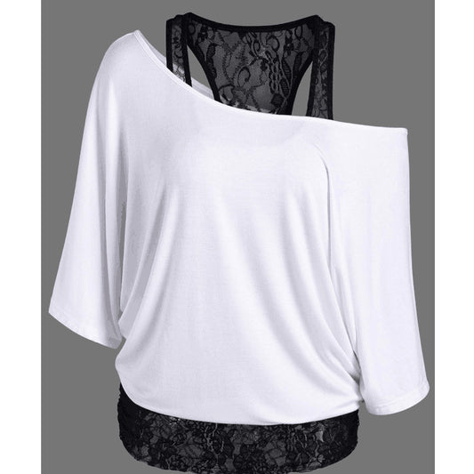 Blusa Chaleco de Encaje con Cuello Diagonal y Mangas Murciélago - Image 2