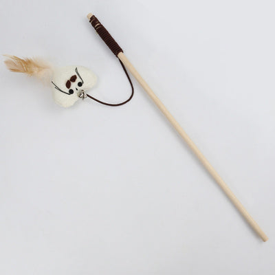 Wooden cat wand toy with a brown string, a small silver bell, a cream fabric mouse, and light brown feathers. - Image 9