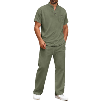 Camiseta Casual de Algodón y Lino para Hombre - Manga Corta Color Liso - Image 5