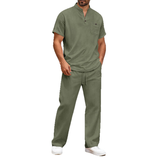 Camiseta Casual de Algodón y Lino para Hombre - Manga Corta Color Liso - Image 5