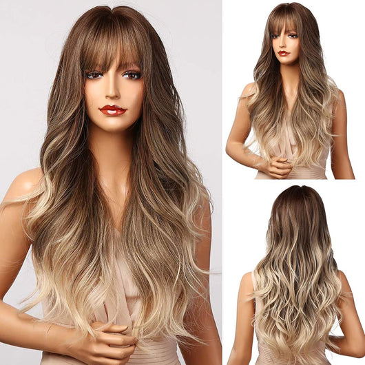 Peluca Larga Rizada con Flequillo Marrón para Mujer - Image 10