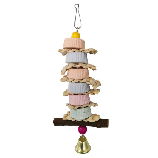 Colorful bird toy with stacked ridged blocks, natural straw, a wooden perch, and a golden bell, hanging from a metal clip. - Image 5