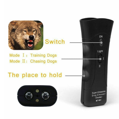 Yellow and black ultrasonic dog training devices with wrist straps, one in retail packaging. - Image 28