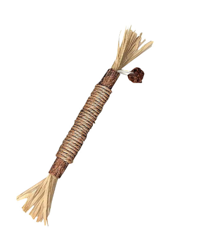 14cm natural wooden cat chew toy wrapped with cotton rope and raffia ends, designed for tooth cleaning. - Image 14