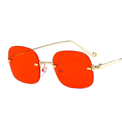 Frameless square sunglasses featuring vibrant blue lenses and sleek gold-colored metal temples and bridge. - Image 15