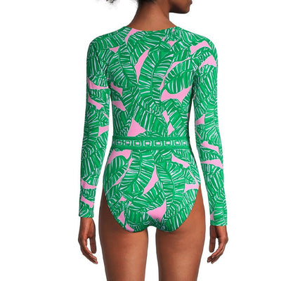 Green and pink tropical leaf print maxi skirt with tiered ruffles and an elastic waistband. - Image 17