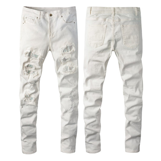 Pantalones Slim Fit Blancos con Detalles de Perforaciones para Hombre