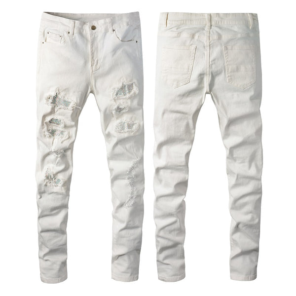 Pantalones Slim Fit Blancos con Detalles de Perforaciones para Hombre