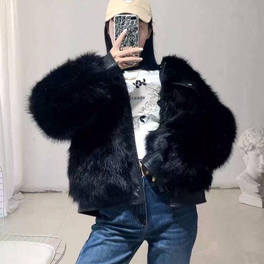 Chaqueta de Cuero para Moto Mujer Invierno con Cuello de Zorro Sintético