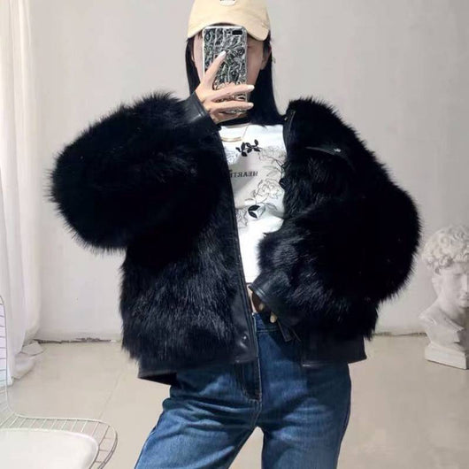 Chaqueta de Cuero para Moto Mujer Invierno con Cuello de Zorro Sintético