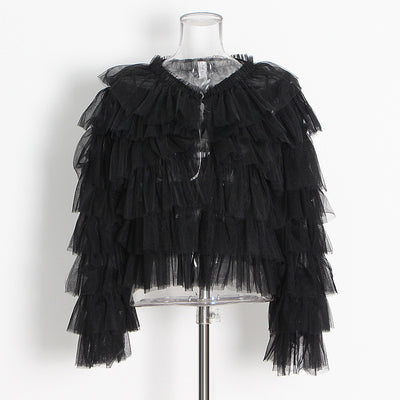 Blusa Mesh de Manga Larga con Cuello Redondo y Volantes Personalizables para Mujer - Image 3