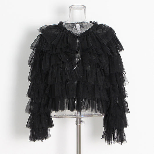 Blusa Mesh de Manga Larga con Cuello Redondo y Volantes Personalizables para Mujer - Image 3