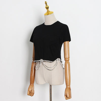 Blusa Francesa de Pedrería con Corte Tridimensional, Ajustada y Manga Corta para Mujer - Image 18