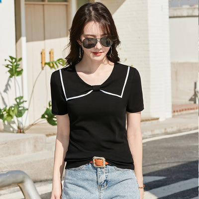 Blusa Coreana Cuello Redondo con Lazo Ajustada de Algodón Manga Corta - Image 3
