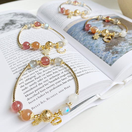 Pulsera de Piedra de Luna y Piedra de Sol con Baño de Oro 14K