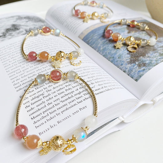 Pulsera de Piedra de Luna y Piedra de Sol con Baño de Oro 14K