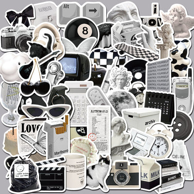 61 black and white aesthetic stickers featuring various objects like cameras, cats, skulls, and text for personalization. - Image 8