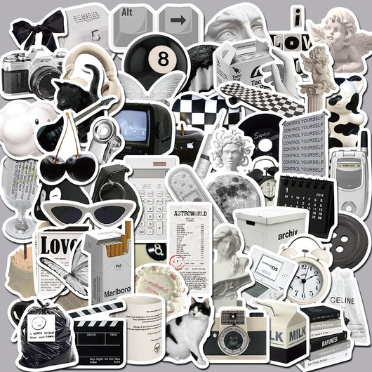 61 black and white aesthetic stickers featuring various objects like cameras, cats, skulls, and text for personalization. - Image 8