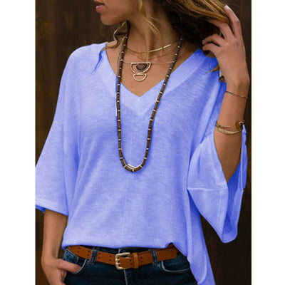 Blusa Suéter Clásico Cuello V Manga Media Talla Grande Mujer Holgado - Image 4