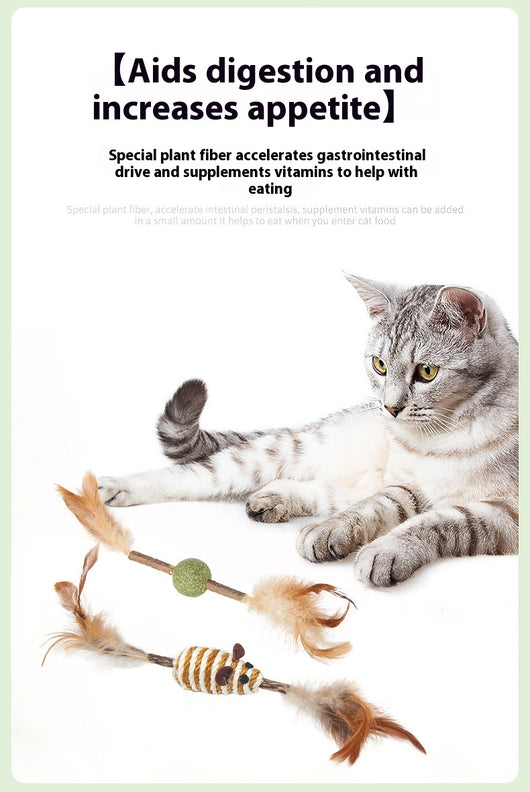 Feather and sisal cat toy with a wooden stick, green sisal ball, and brown feathers for molar cleaning. - Image 20