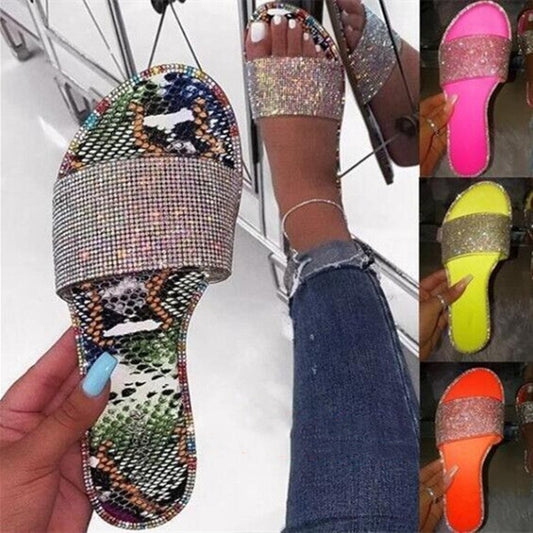 Sandalias y Pantuflas Mujer Talla Grande con Strass y Tacón Bajo