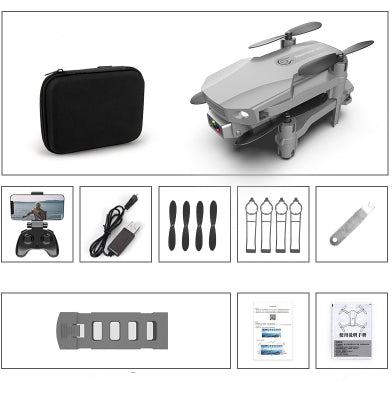 Gray folding drone with 4K camera, remote control, spare propellers, propeller guards, charging cable, and battery. - Image 19