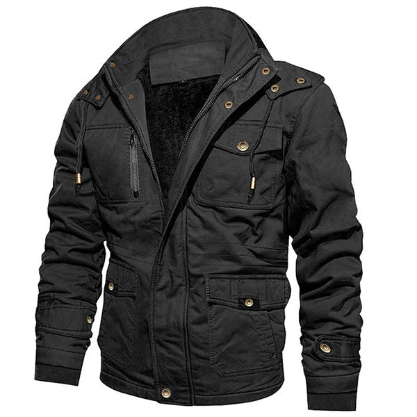 Chaqueta Abrigo Hombre Algodón con Capucha Forrado Velludo Multibolsillos Estilo Vintage