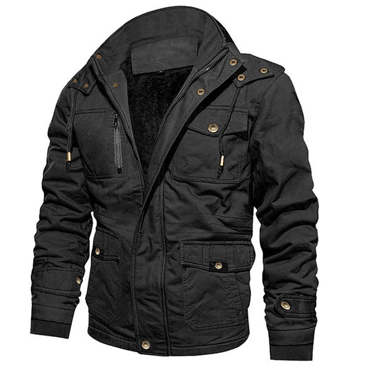 Chaqueta Abrigo Hombre Algodón con Capucha Forrado Velludo Multibolsillos Estilo Vintage