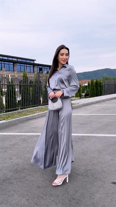 Conjunto de Falda y Blusa de Satén Elegante con Mangas Largas - Image 12