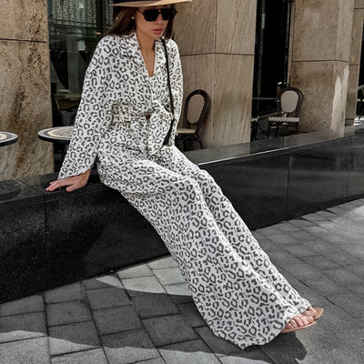 Conjunto Ejecutivo Blusa Leopardo Algodón Puro Manga Larga Cintura Alta Mujer - Image 5
