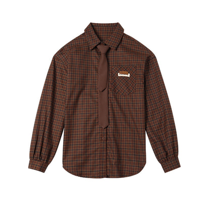Camisa Preppy de Cuadros con Corbata Integrada de Manga Larga para Mujer - Image 11