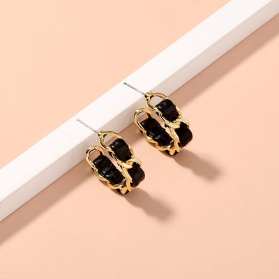 Aretes C Colgantes de Cuero Negro y Cadena Hueca - Diseño Moderno Europeo - Image 2