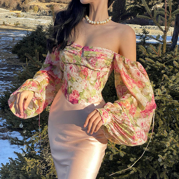 Blusa de Gasa Floral Francesa con Hombros Descubiertos y Mangas Largas