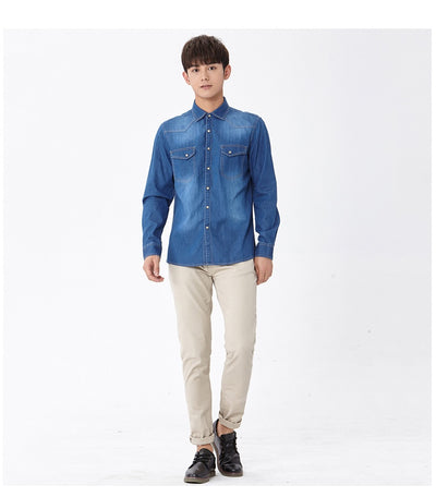 Camisa de Algodón Denim para Hombre de Manga Larga - Image 13