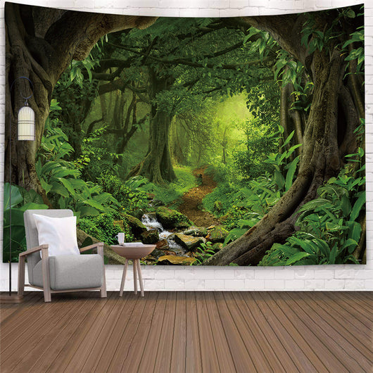 Large wall tapestry featuring a vibrant green forest with a cascading waterfall over rocks, displayed in a room. - Image 4
