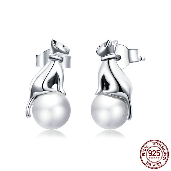 Aretes de Perla con Diseño de Gato Minimalista para Mujer