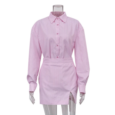 Traje Ejecutivo Mujer: Blusa Rayada con Cuello Solapa y Falda Entallada - Image 8