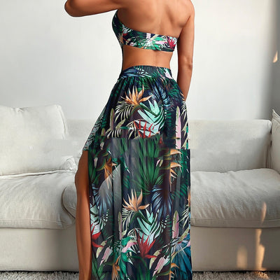 Yellow tropical print three-piece bikini set with halter top, high-waisted bottoms, and long cover-up skirt with high slit. - Image 4