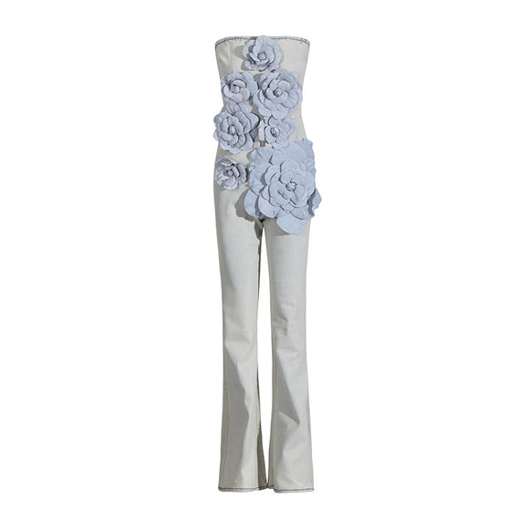 Jumpsuit Elegante de Cintura Alta con Flores 3D y Escote Tubo
