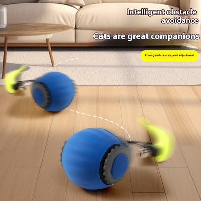 Blue and grey automatic cat toy ball with a yellow feather-like attachment and a small silver bell. - Image 2